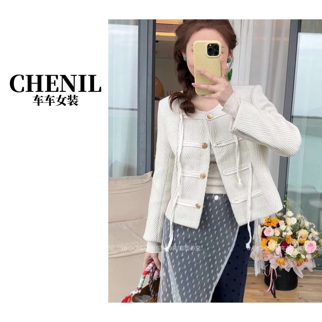 CHECHE【国风设计】早白色春新款粗花呢小香短款外套百搭时尚气质