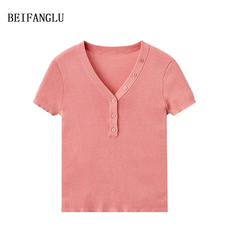 北方鹿【透气莱赛尔三醋酯】夏季气质V领纽扣薄款针织短袖女251010