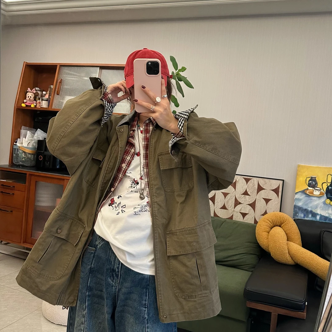 qiqi/琦琦推荐 韩版翻领INS风皮翻领时尚巴恩风棉质工装外套