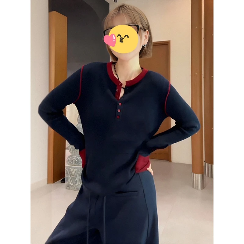 大码女装宽松显瘦撞色半开领打底针织上衣女秋冬洋气减龄坑条毛衣