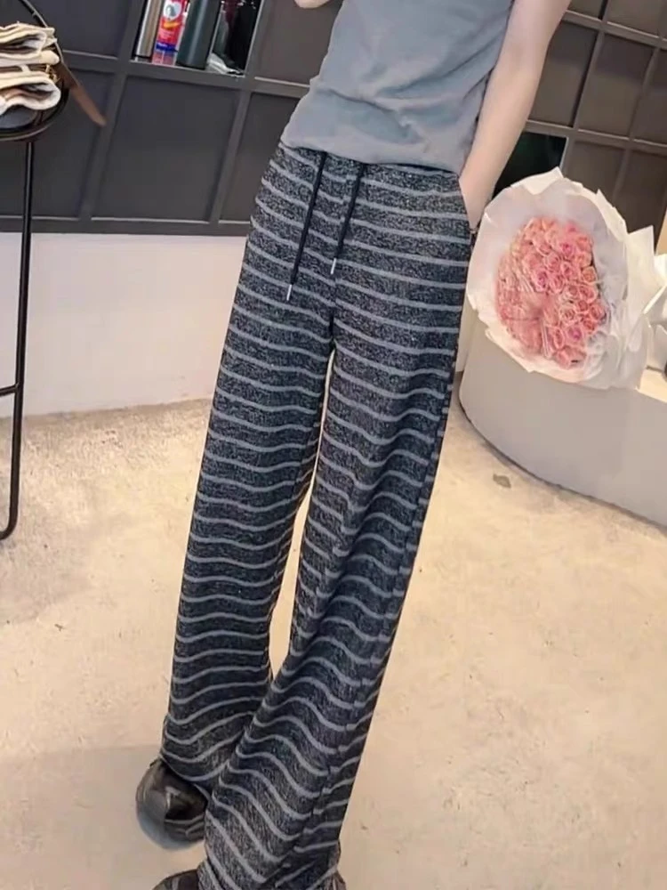 垂感条纹抽绳休闲裤2025春季新款直筒拖地裤