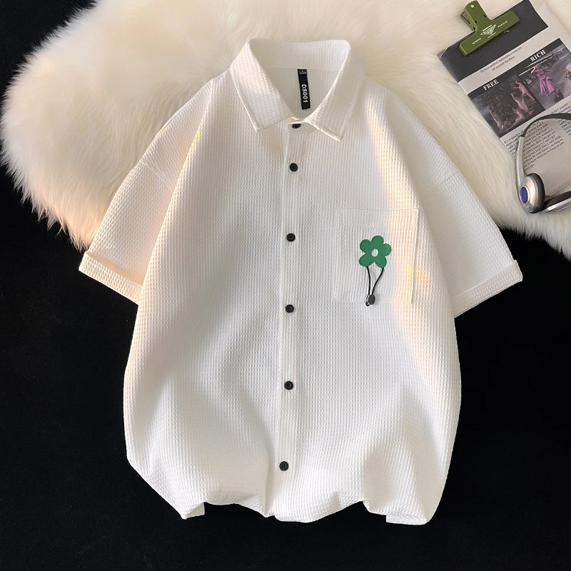 仓石一树2025夏季潮牌纯色华夫格衬衫男短袖polo衫高级感宽松T恤