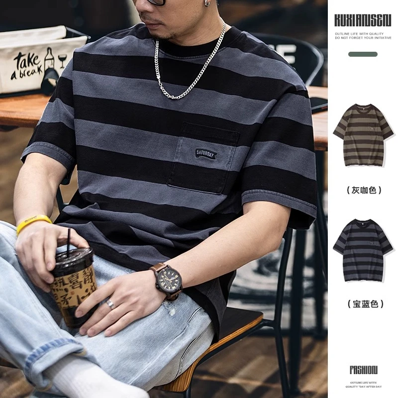 重磅260g纯棉撞色条纹短袖t恤男夏季新款美式宽松圆领休闲半袖男