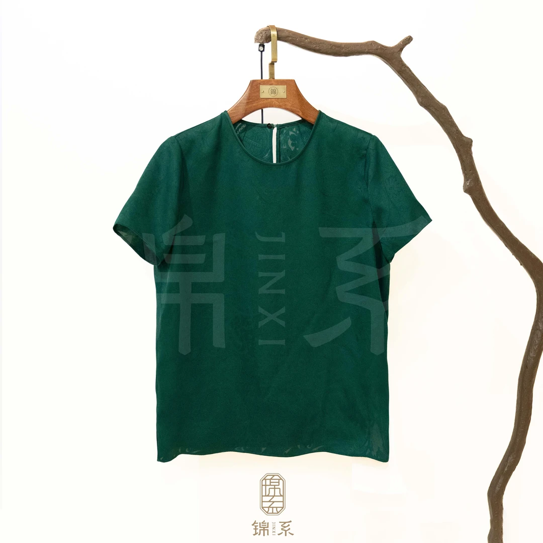 【锦系】罗马假日新中式国风桑蚕丝圆领短袖上衣C-383032