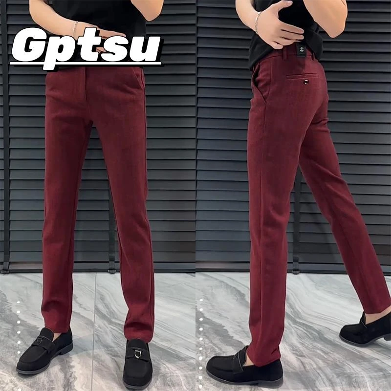 GPTSu秋季新款红色毛呢商务休闲裤轻奢小脚长裤显瘦修身西装裤男