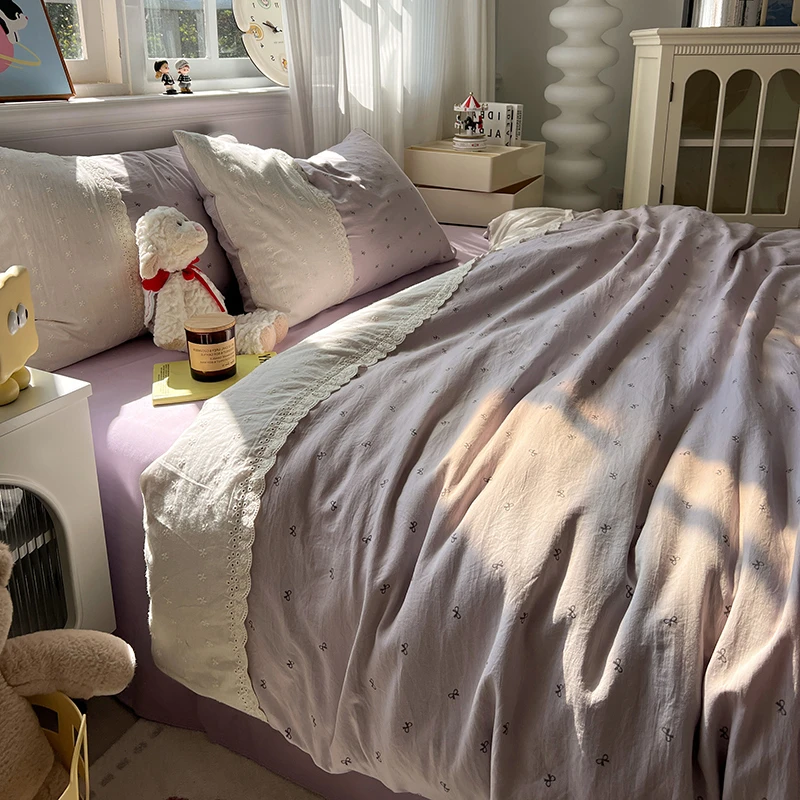 蕾丝边双层纱水洗针织棉韩版公主风四件套h032苏夏