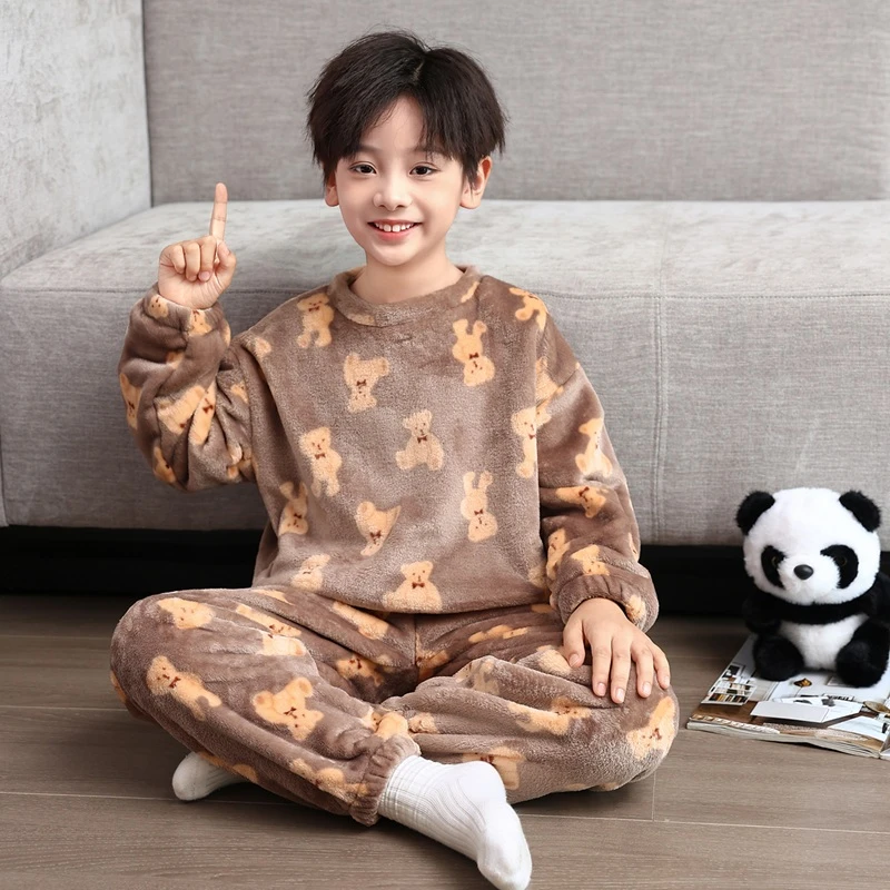 儿童装男童睡衣秋冬款加绒冬季加厚法兰绒中大童男孩家居服珊瑚绒