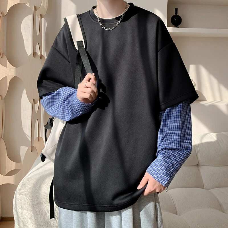 引创2025春季新款拼接假两件休闲格子卫衣男大码美式潮流高街卫衣