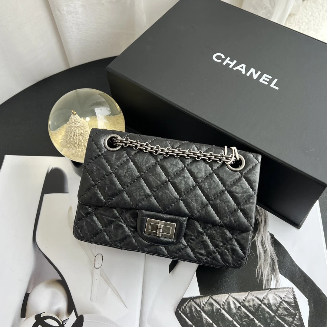 95新 Chanel/香奈儿 香奈儿黑银油蜡2.55大mini斜挎包 30开带卡