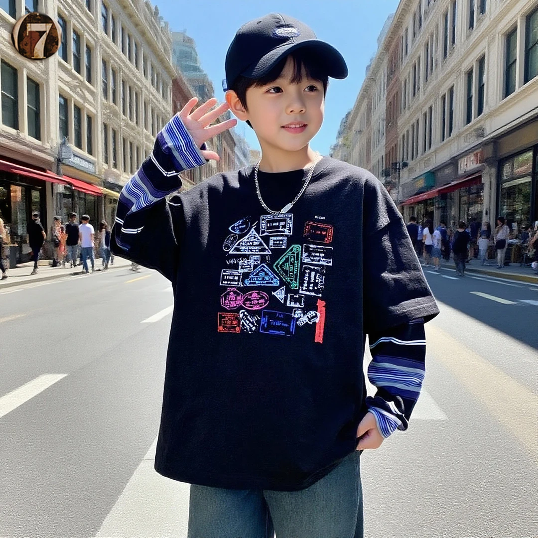 男童长袖T恤假两件2025春秋新款儿童卡通印花上衣男孩宽松打底衫t