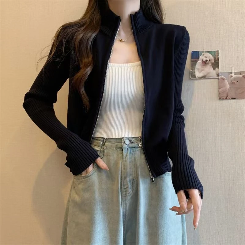 简约拉链毛衣外穿开衫女早秋新款修身百搭慵懒风针织衫外套上衣