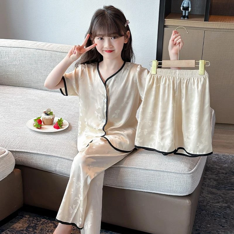 女童冰丝睡衣夏季三件套儿童短袖长裤家居服网红爆款中大童空调服