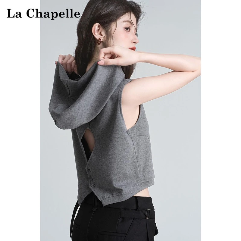 拉夏贝尔露背镂空设计感连帽无袖坎肩T恤女辣妹风小众别致短上衣