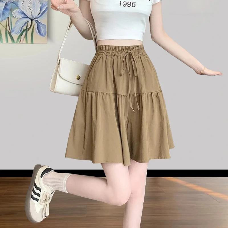 2025新款夏季宽松裤裙高腰显瘦短裤阔腿裤冰丝皱麻小个子五分裤女