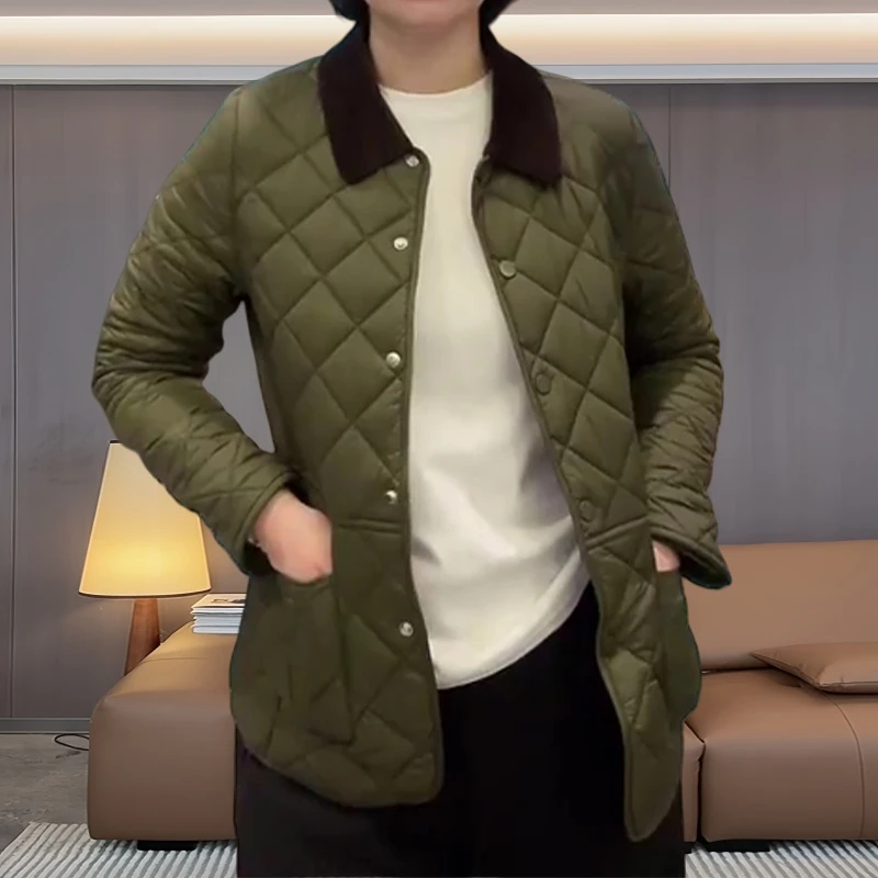 秋冬慵懒别致菱格翻领棉服外套女新款时髦减龄显瘦遮肉单排扣开衫