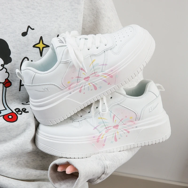 回力女鞋新款原创烟花设计休闲厚底板鞋小香风增高百搭时尚小白鞋
