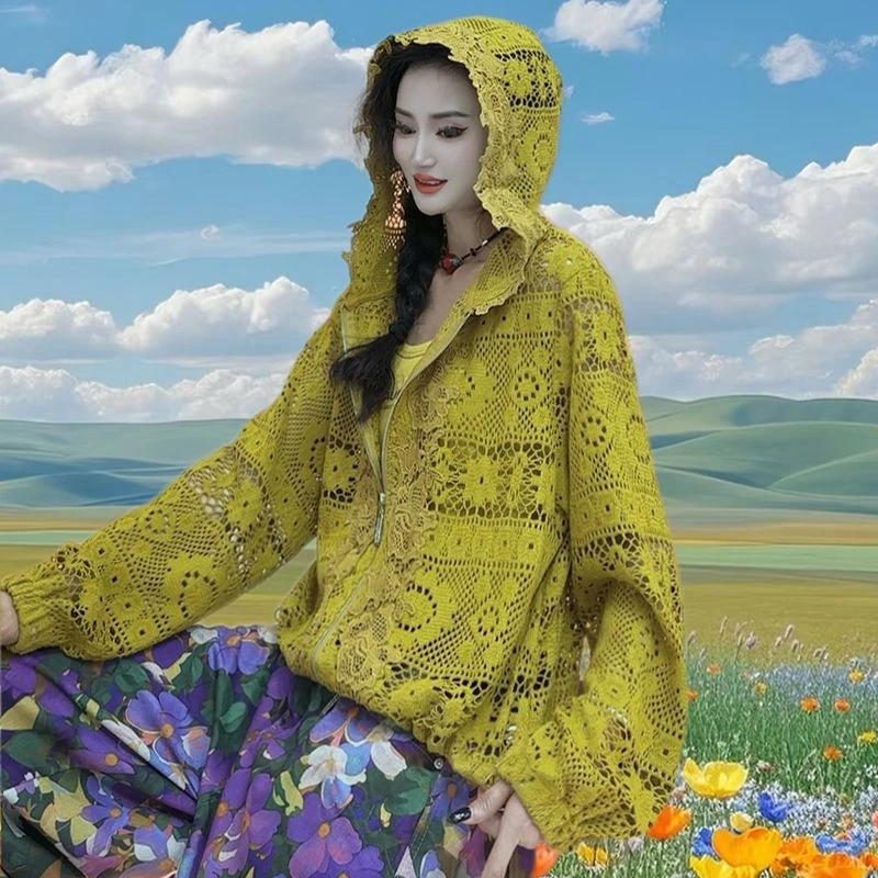夏季时尚大码蕾丝连帽外套女2025新款百搭镂空休闲防晒外套-9080