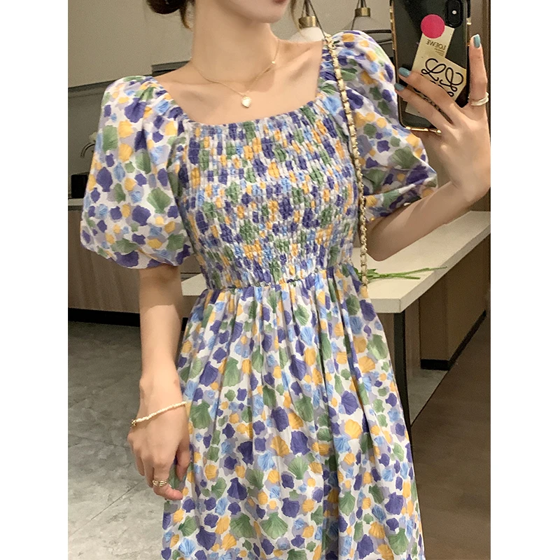 中法式夏季碎花田园公主风连衣裙显瘦泡泡袖一字肩中长款裙子小众