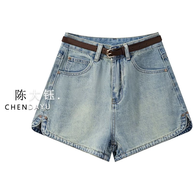 【现货速发】复古开叉牛仔裤女新款夏季水洗做旧高腰显瘦宽松短裤