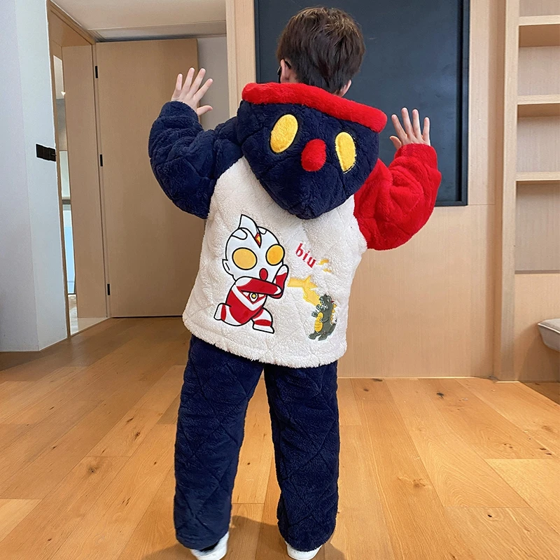 2025新款儿童睡衣冬季法兰绒加厚三层夹棉男童家居服外穿珊瑚绒冬