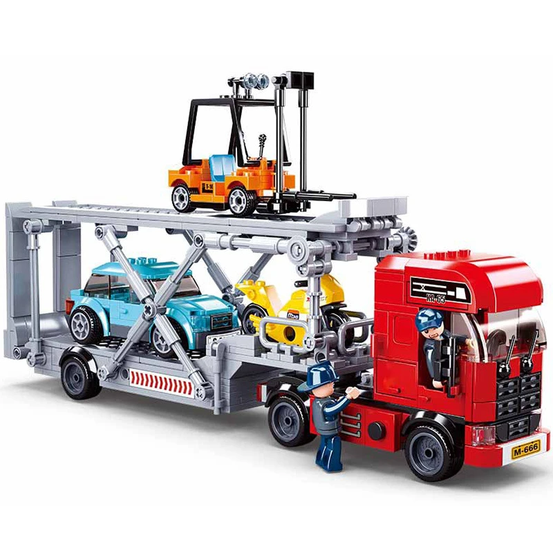 小鲁班积木汽车运载车汽车运输车重型卡车货车积木拼装益智玩具车