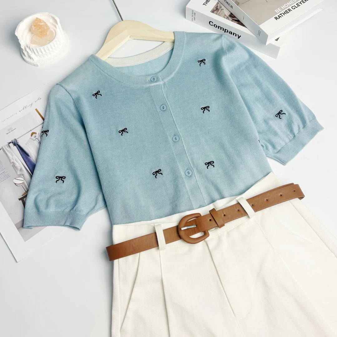 玲姐定制-圆领蝴蝶结小图案款开衫常规厚针织短袖149921