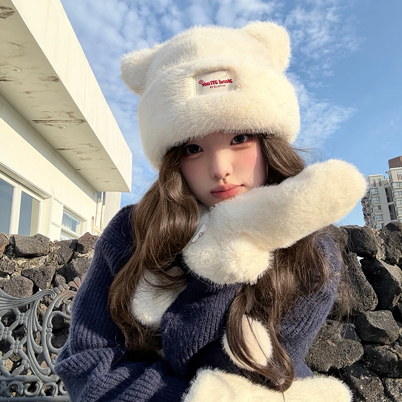 帽子三件套秋冬女围巾手套一体冬季围脖可爱保暖毛绒护耳套头帽子
