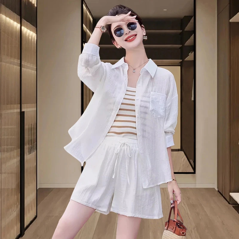 时尚穿搭一整套盐系小众女装休闲减龄防晒衬衫吊带短款夏装三件套