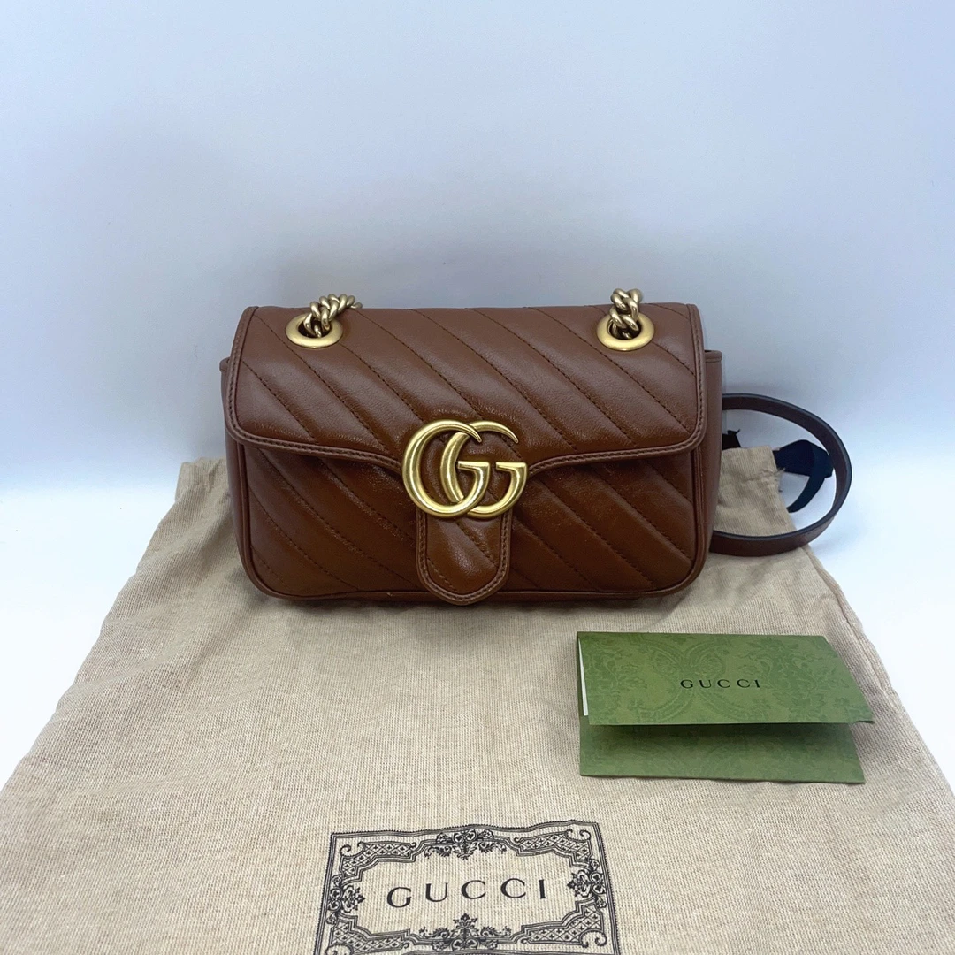 99新 GUCCI/古驰 焦糖色GGmarmont马蒙22黑标033带票链条包