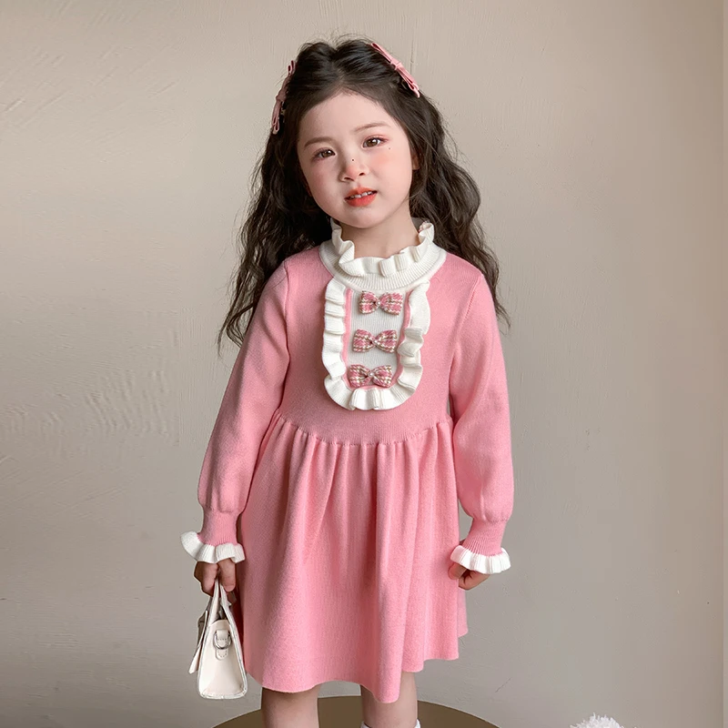 韩版女童甜美连衣裙2025新款儿童秋冬女宝宝洋气三个蝴蝶结毛衣裙