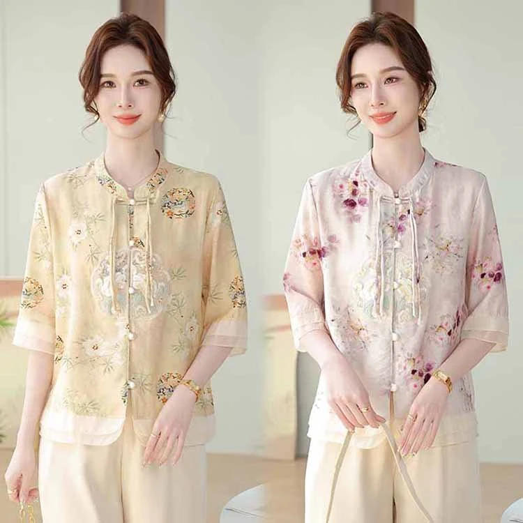 夏季夏装套装妈妈装新款上衣衬衫新中式洋气中老年女装开衫外套
