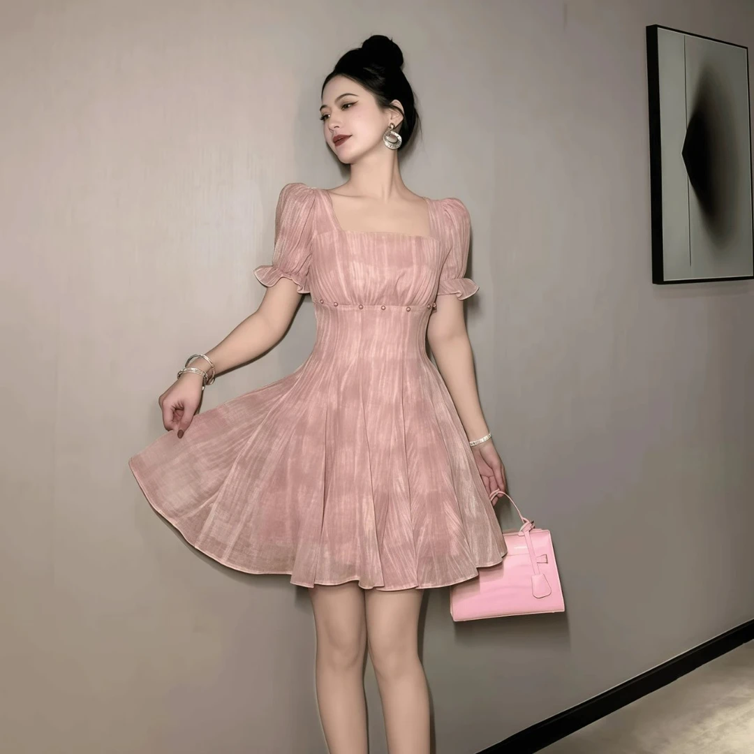 21767 Z小清新甜美粉色泡泡袖连衣裙轻奢名媛风收腰显瘦减龄A字裙