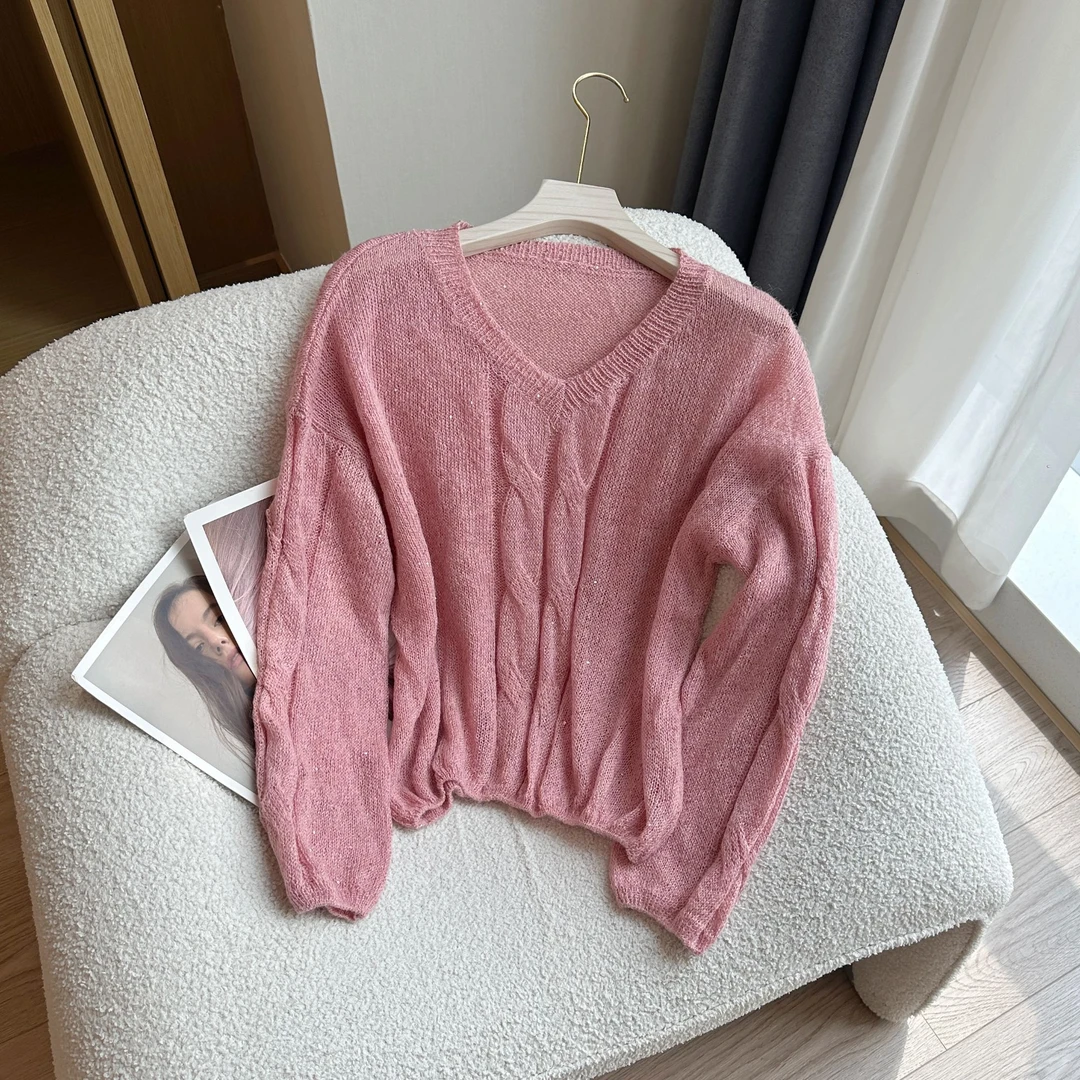 【婷婷推荐】5568早秋V领长袖针织亮片毛衣慵懒感上衣韩系显瘦宽松