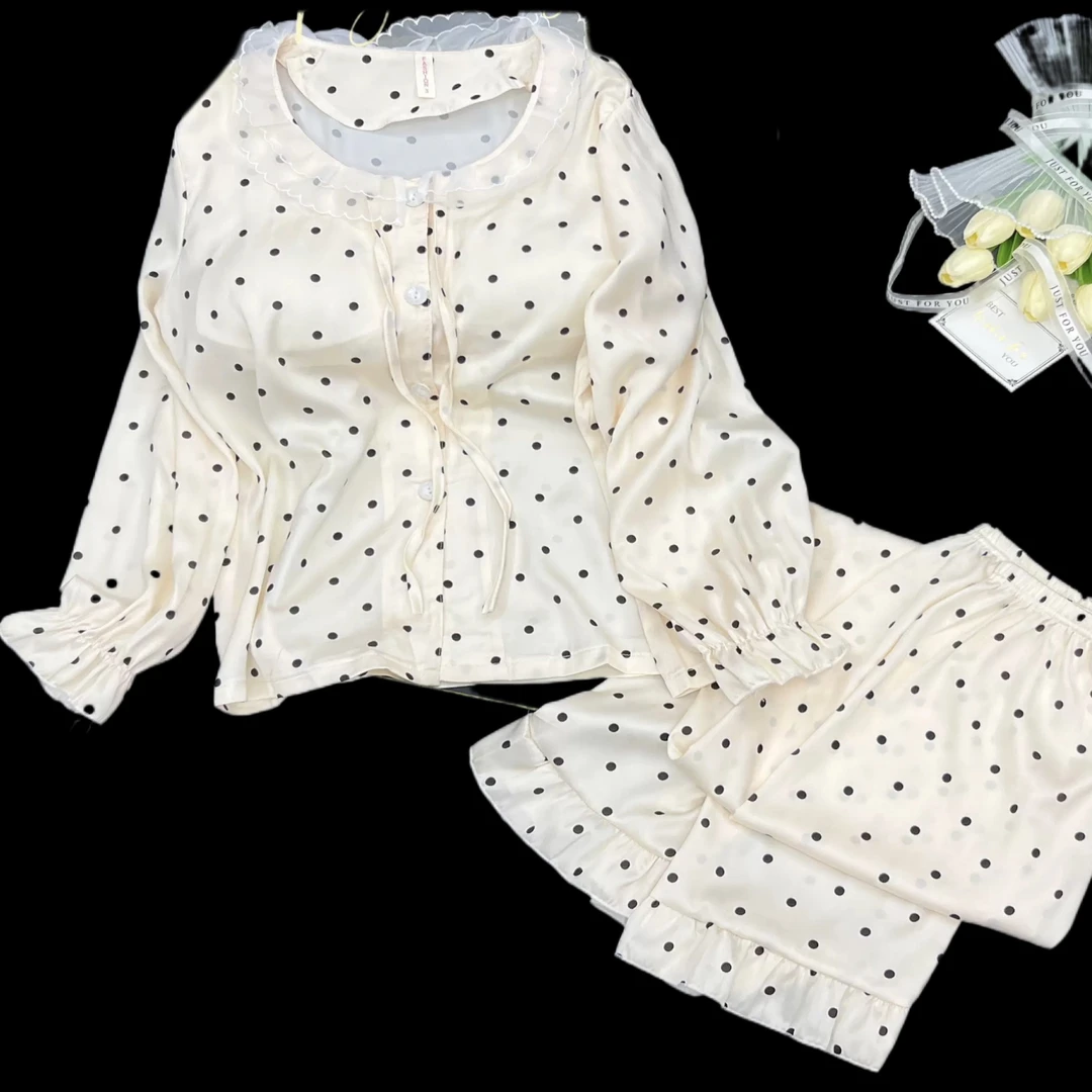 娃娃领波点睡衣女法式甜美长袖缎面家居服套装春秋可外穿Q22