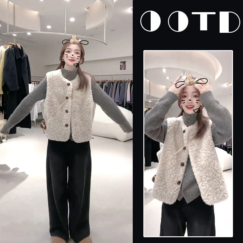 今年流行穿搭一整套女新款2025秋冬毛衣毛绒马甲宽松裤子三件套
