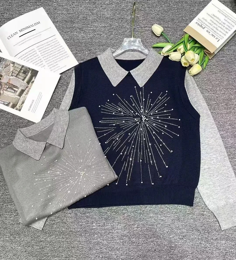 MeiQi 欧货站！法式重工钉珠‘烟花’款假两件POLO领针织衫女F1201