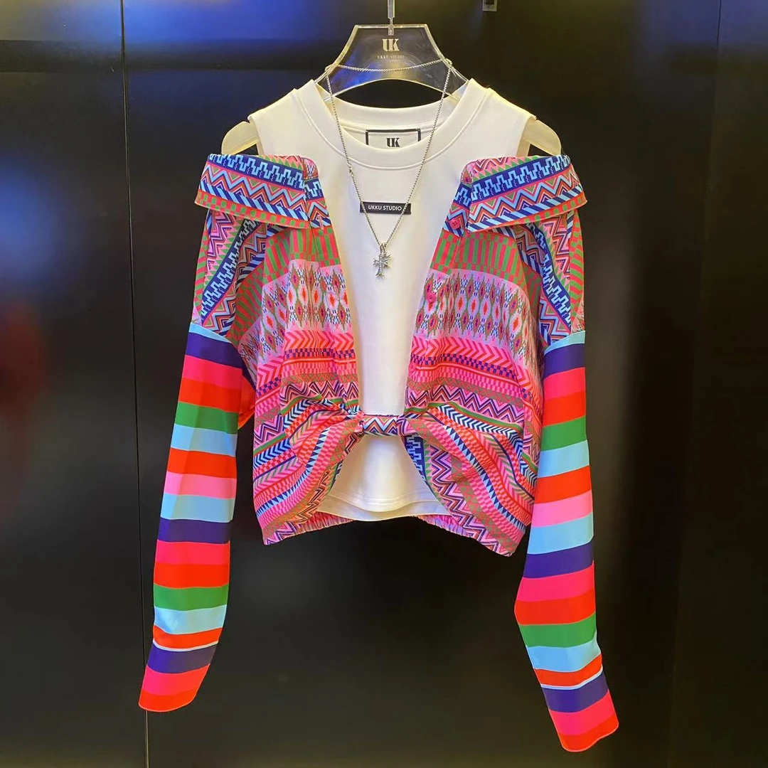 呦呦【UKKUSKUDIO】百搭潮流时尚印花衬衫拼接假两件衬衫313320