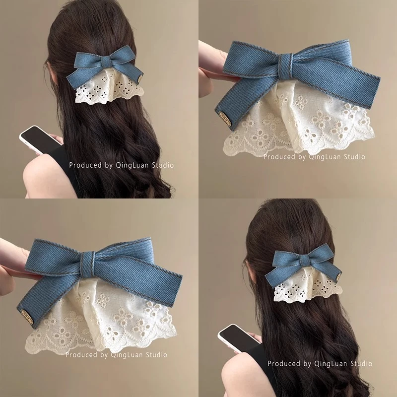 韩系千金感~牛仔蕾丝裙边发夹复古金标蝴蝶结半扎发夹子旅行发卡