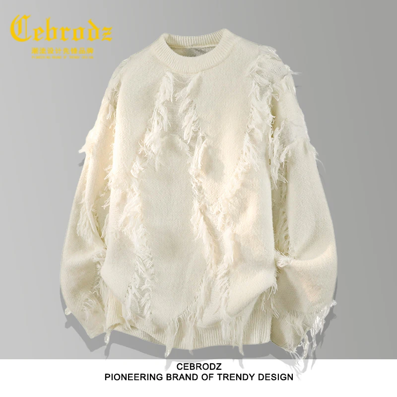 法国Cebrodz慵懒流苏圆领针织衫男士潮牌复古商务长袖保暖毛线衣