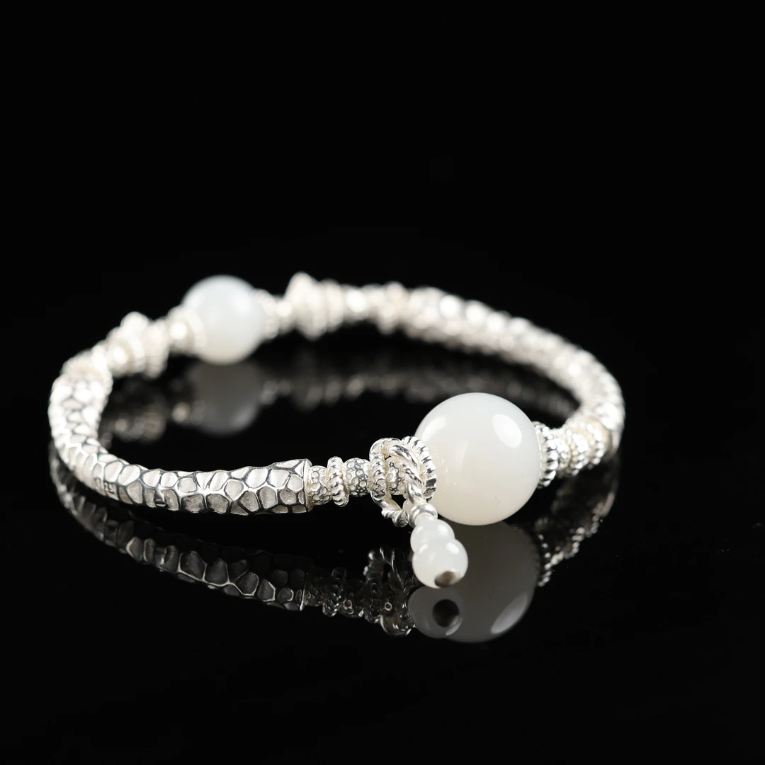 “暮雪”原创设计精品和田玉青海白玉14mm单珠银饰手链