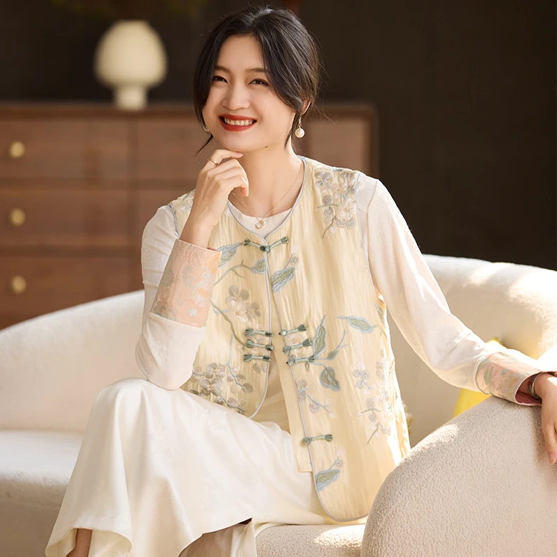 喜卉妈妈春秋国风马甲打底衫两件套中老年女秋装新中式上衣服套装