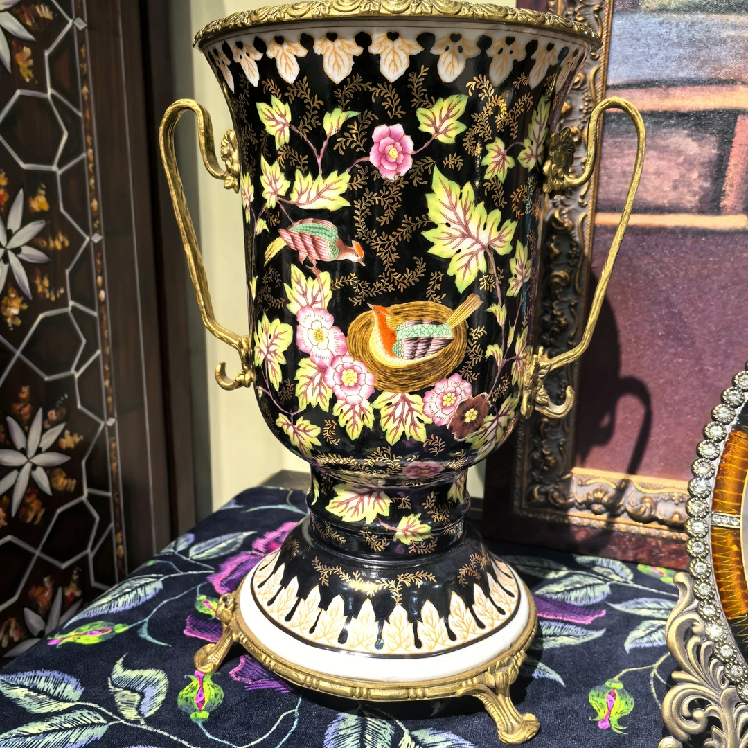 赤橙冰蓝|复古铜配瓷手绘摆件-繁花似锦（27*20*33）