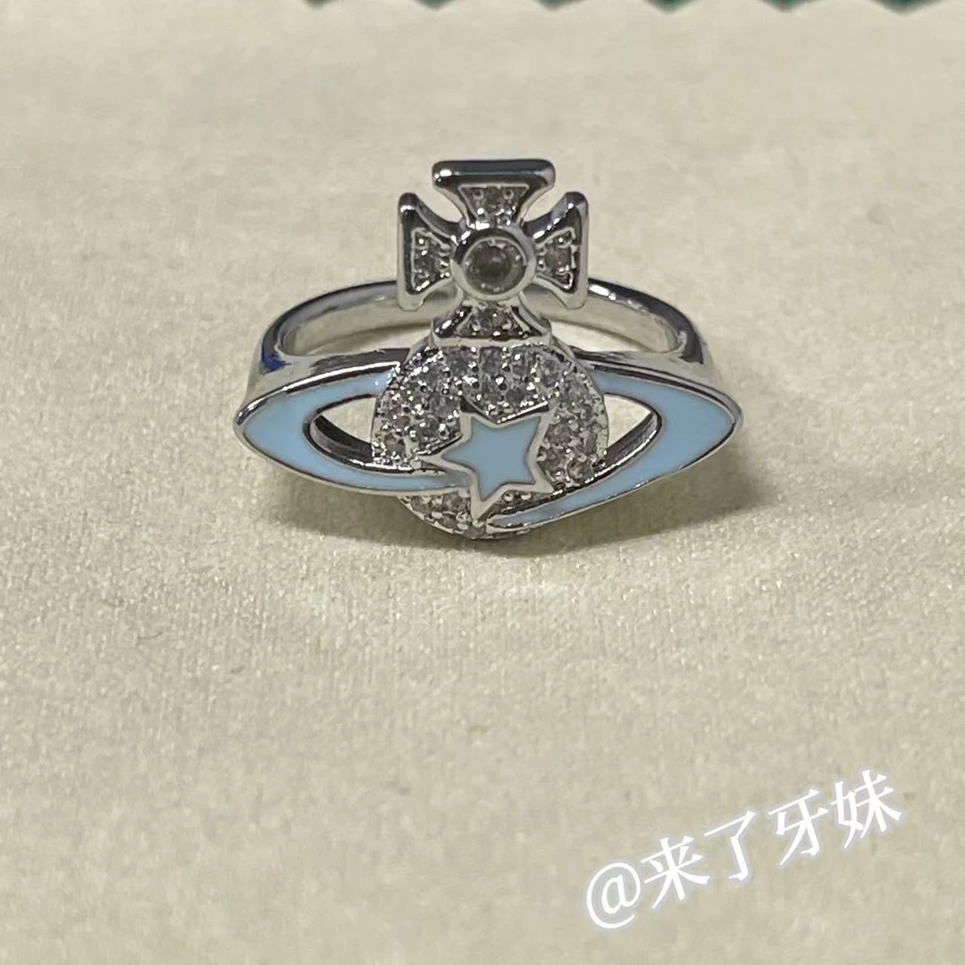 铜合金戒指 YM【蓝色环星土星戒指】气质小众时尚镶嵌精致