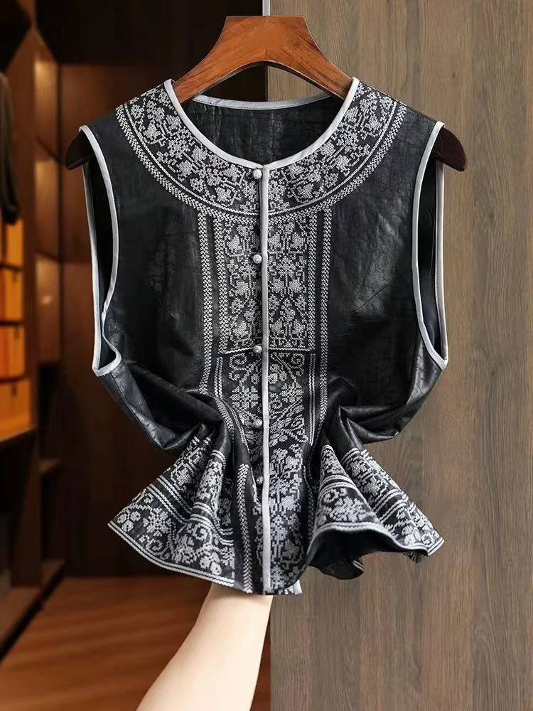 真丝香云纱龟裂纹新中式马甲背心女圆领重工国风刺绣上衣