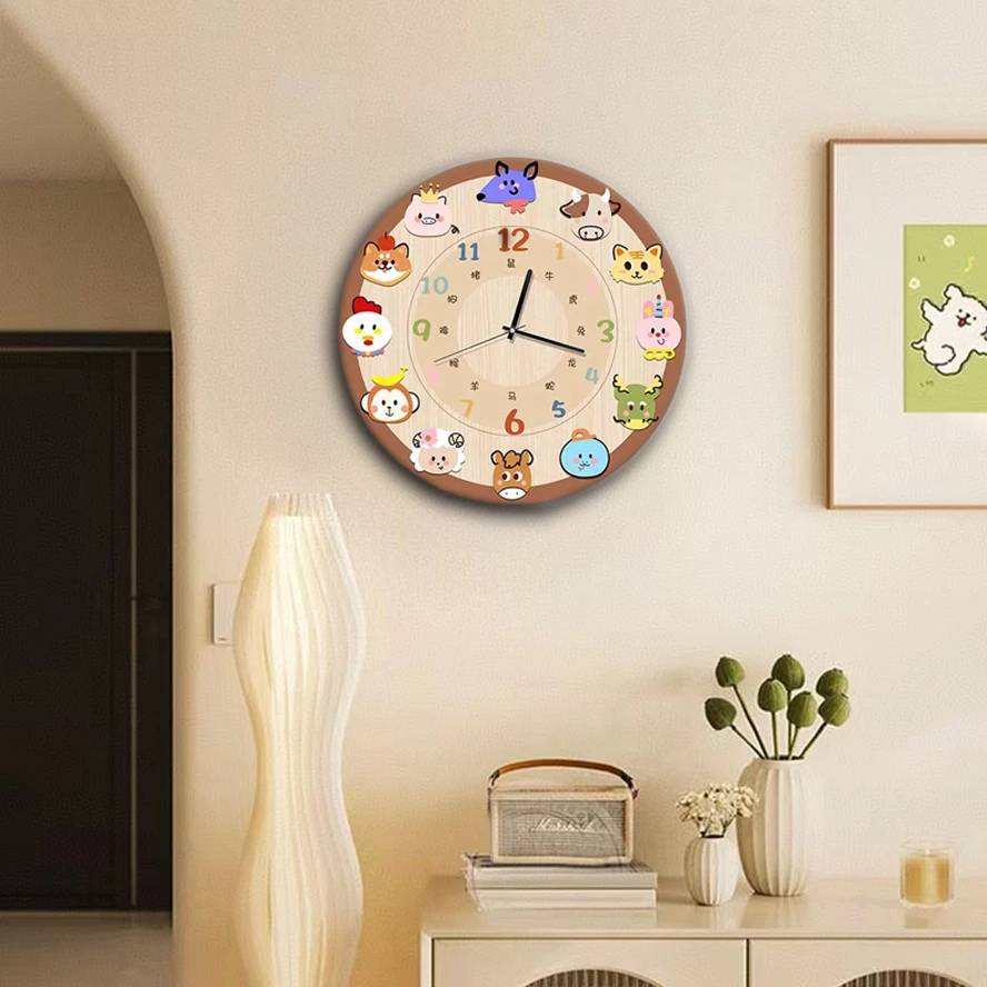 ZB129奶油风客厅静音时钟装饰画十二生肖儿童卧室钟表挂画11