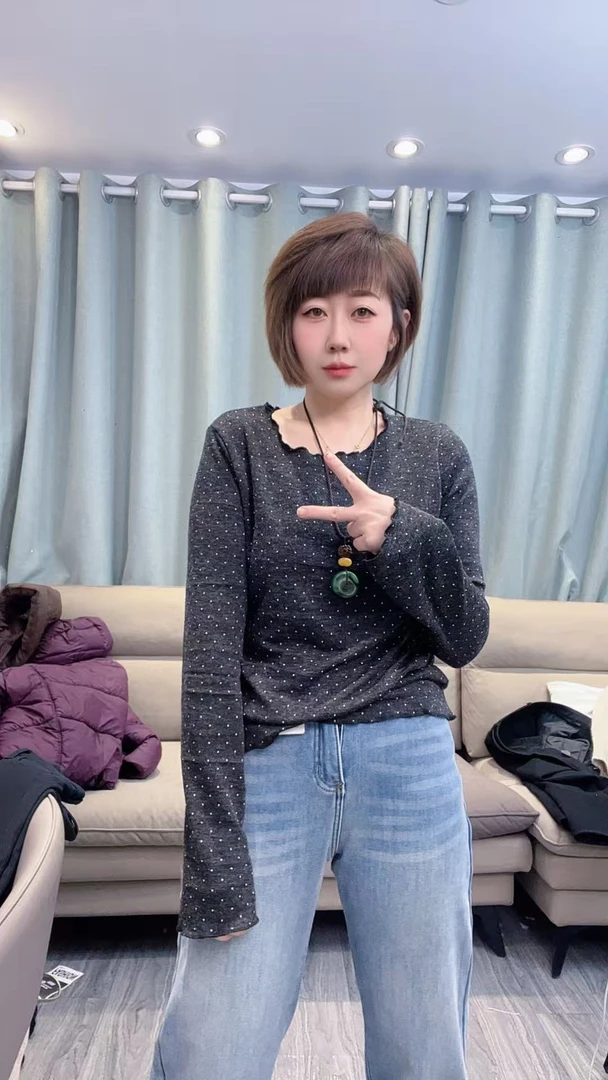 波点小香风早秋圆领长袖女打底衫针织衫