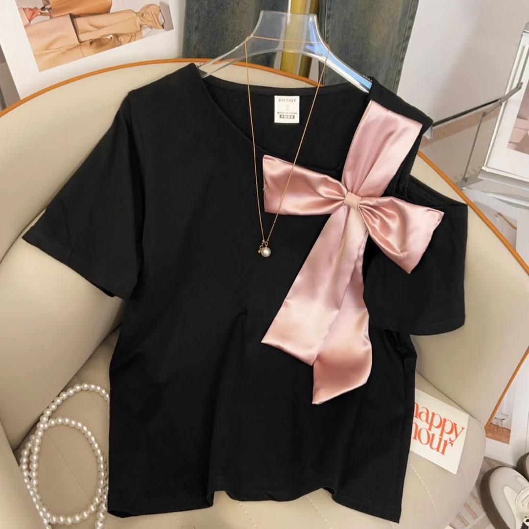 特大码300斤立体蝴蝶结短袖露肩T恤女装夏季独特别致减龄上衣
