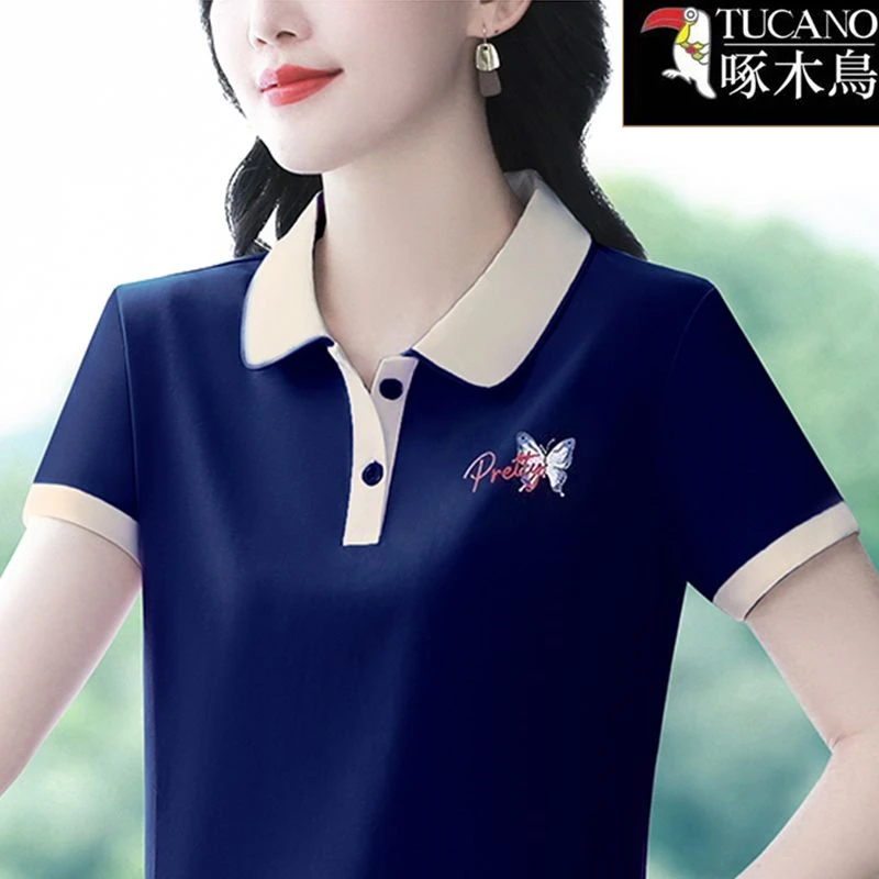 啄木鸟2025年新款减龄小众上衣夏季短袖印花翻领高级感百搭T恤女