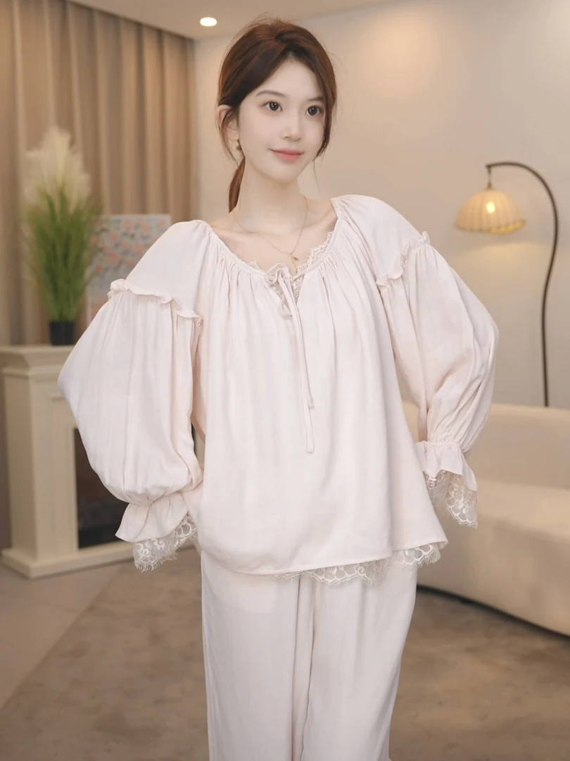 板栗小姐【欣融】春秋长袖甜美风全棉双层纱睡衣家居服套装可外穿
