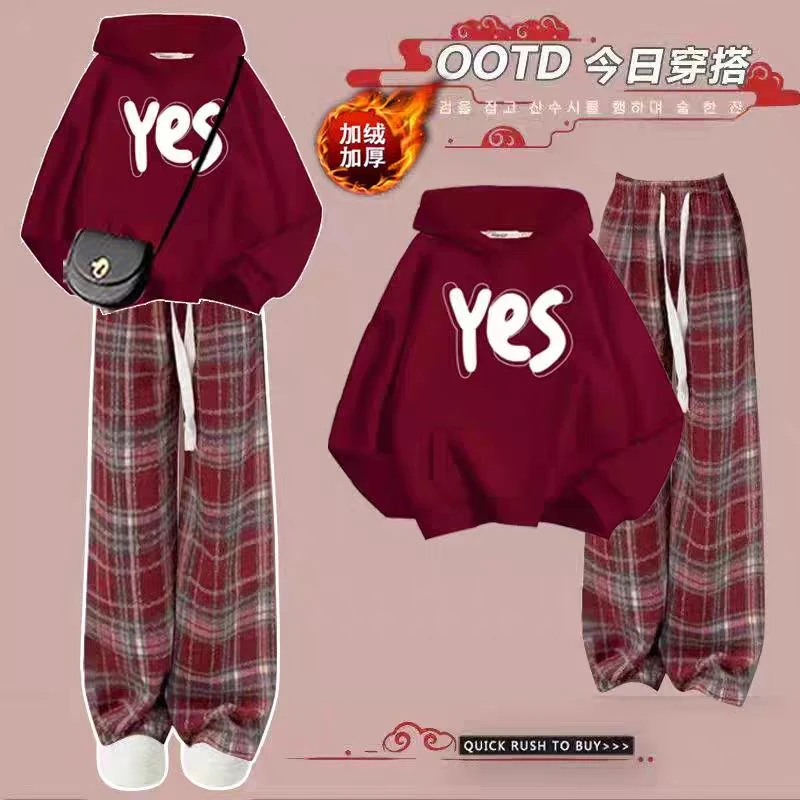 女童套装冬季加绒加厚红色年服6-18学生卫衣格子裤过年战袍两件套